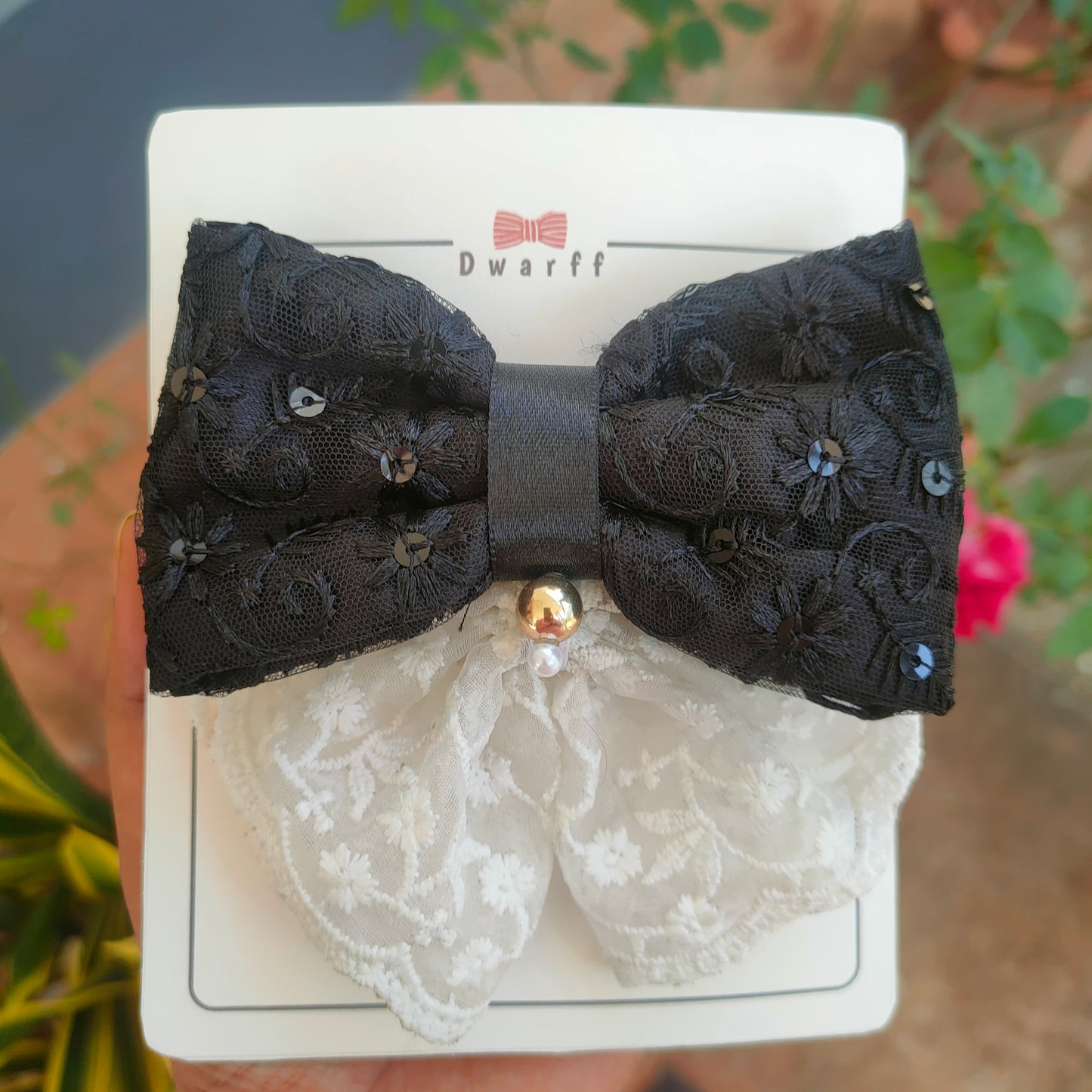 Medium sized Black with White lace Hairbow