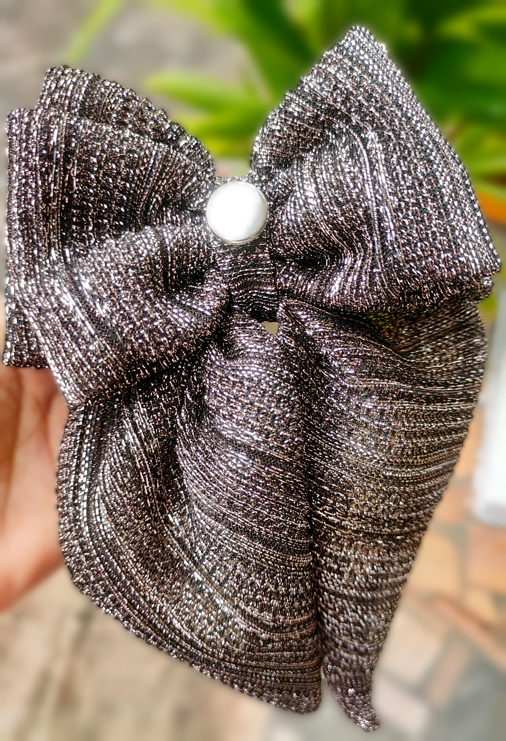 Large size black hairbow with Silver & Copper-toned stripes